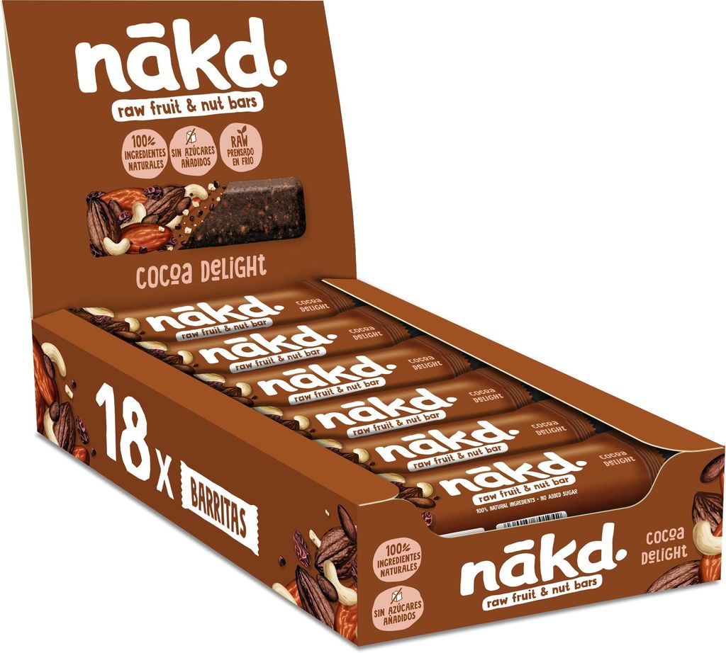 Imagen de: Nākd. Cocoa Delight - Barritas Raw de Fruta y Frutos Secos - 100% Ingredientes Naturales - Sin Azúcar Añadido - 18 x 35g - 630g