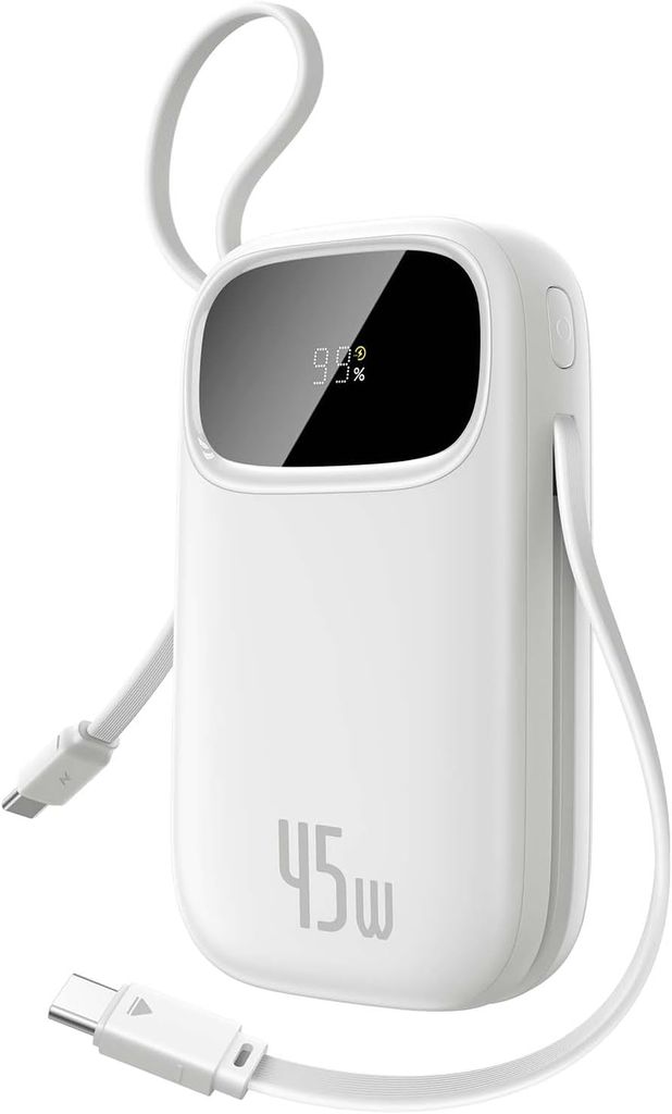 Imagen de: Baseus Powerbank 45W 20000mAh con 2 Cables USB-C Integrados, Power Bank PD3,0 QC4,0 Baterías Externas Carga Rapida, 3 C 1 A, Cargador Portátil para iPhone 16/15/14 Pro MAX, Samsung, Blanco