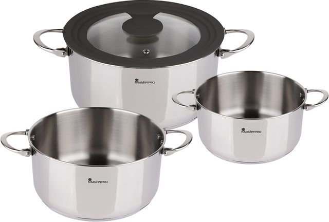 Imagen de la oferta: MasterPRO Foodies - Batería de Cocina - Set de 4 Piezas Con Cacerolas de 16, 20 y 24 cm y Tapa de Cristal - Fabricadas en Acero Inoxidable - Compatibles con Todo Tipo de Cocinas