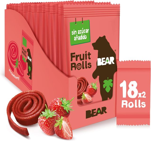 Imagen de la oferta: BEAR Rollitos de Fruta Sabor Fresa - Ingredientes 100% Naturales - Snacks Saludables para el Colegio y el Almuerzo para Niños y Adultos - 18 bolsitas de 20g