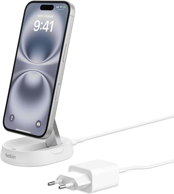 Imagen de la oferta: Belkin BoostCharge Pro Cargador Inalámbrico Qi2 compatible con MagSafe, Soporte de Carga Magnético rápido convertible de 15W, para Apple iPhone 17, Air, Pixelsnap, AirPods, Adaptador de 20W - Blanco