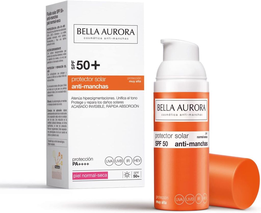 Imagen de: Bella Aurora Protector Solar SPF 50+ Facial Anti-Manchas Piel Normal Seca, 50 ml | Crema Protección del Sol Cara | Bloqueador Solar