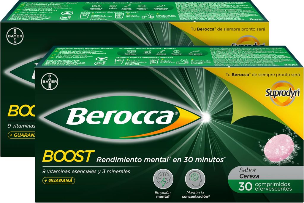 Imagen de: Berocca Boost Comprimidos Efervescentes, Complejo de Vitaminas y Minerales con Cafeína y Guaraná Natural, para una Ayuda Rápida en el Rendimiento Mental y Físico, Formato Ahorro 2 x 30 (60)