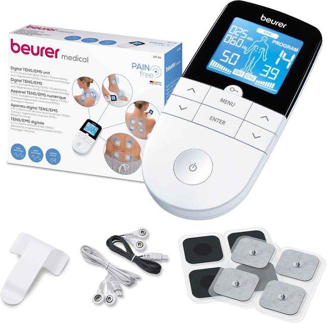 Imagen de la oferta: Beurer EM 49 TENS/EMS digital, dispositivo de corriente de estimulación 3 en 1 para el alivio del dolor y entrenamiento, función de masaje, incluye 4 electrodos, Color Blanco