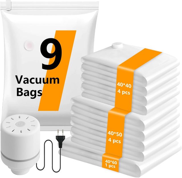 Imagen de la oferta: Bolsas Vacio Ropa con Bomba Eléctrica, 9 Bolsas de Vacío (4 * 40x40 cm, 4 * 40x50 cm, 1 * 40x60 cm), Ahorra Espacio Para Ropa, Maletas y Adecuado Para Viaje y Hogar, Resistente y Reutilizable