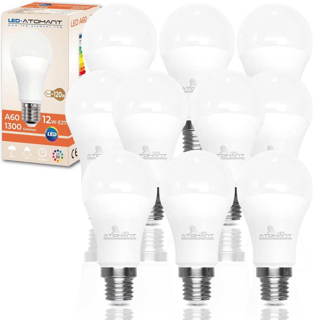 Imagen de: LED ATOMANT Pack 10x Bombilla LED E27 A60 12W, Color Blanco Neutro (4500K), 1300 Lumenes, Casquillo grueso, Equivalente a 120W tradicional, No regulable