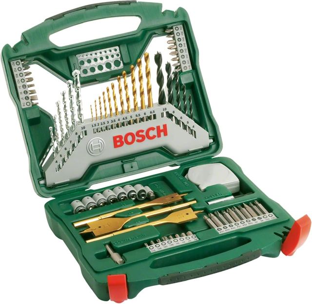 Imagen de la oferta: Bosch 70 uds. Set de brocas y puntas de atornillar X-Line de titanio (para madera, mampostería y metal, incluye cinta métrica y brocas fresadoras planas, accesorios para taladro y destornillador)