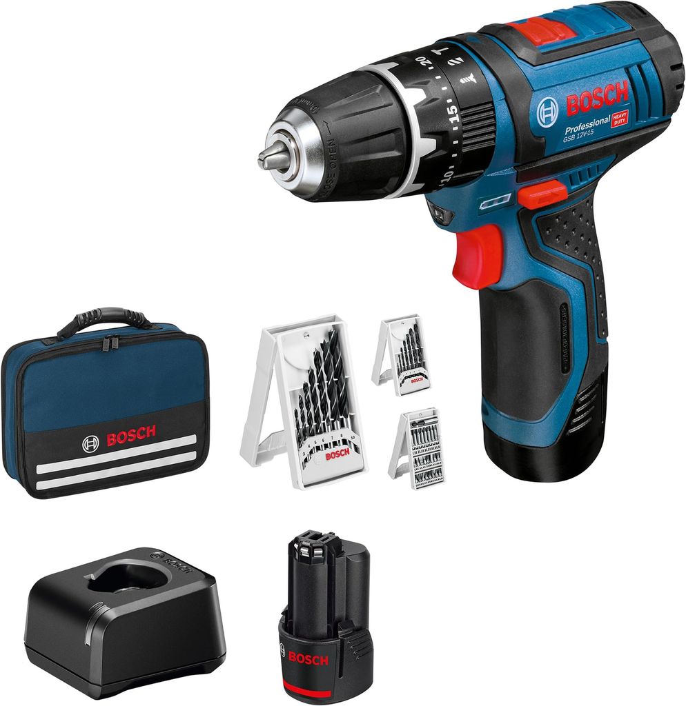 Imagen de: Bosch Professional 12V System GSB 12V-15 - Taladro percutor a batería (30 Nm, 1300 rpm, 2 baterías x 2.0 Ah, set 39 accesorios, en maletín de lona) - Amazon Exclusive