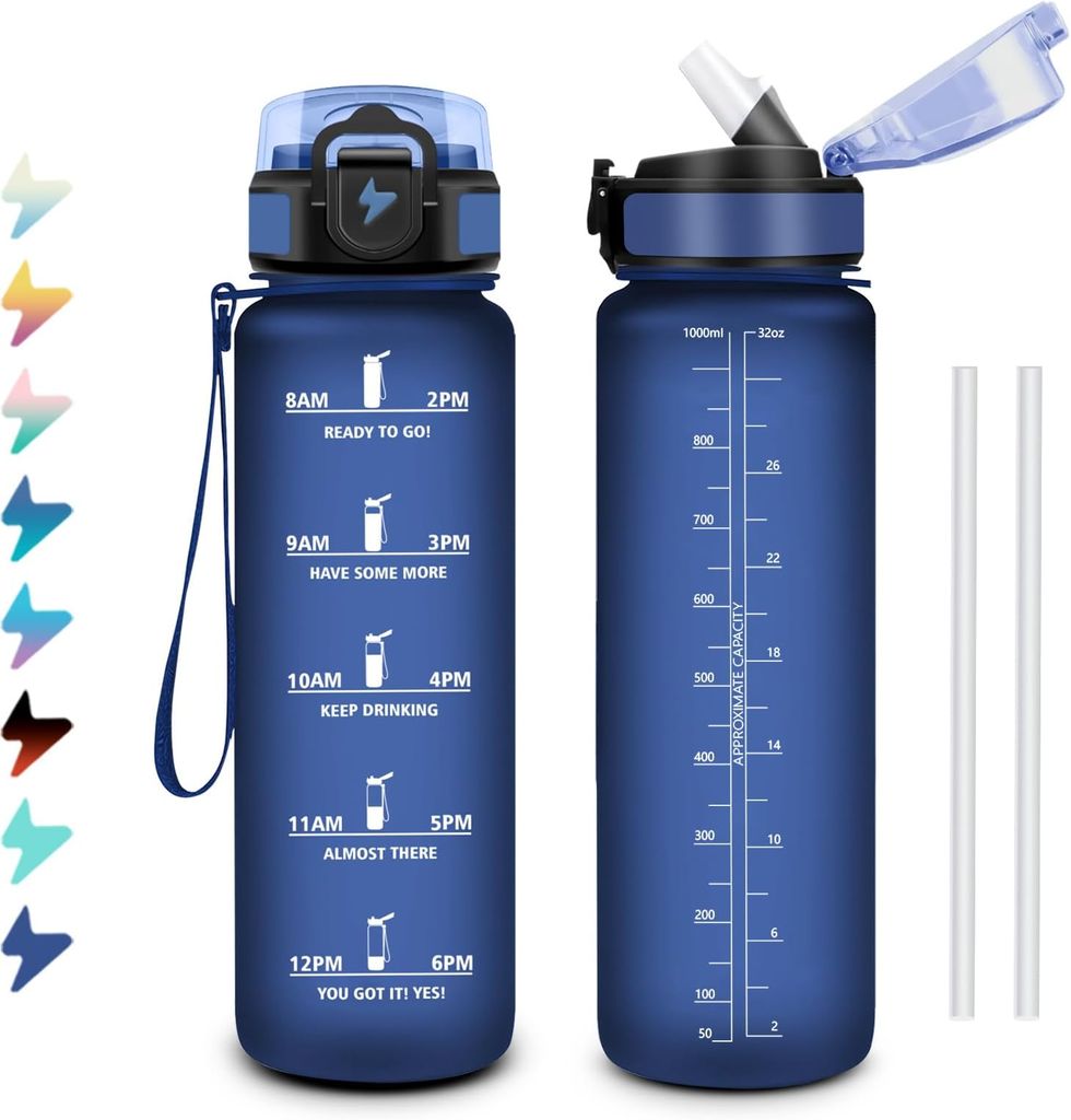 Imagen de: Botella Agua 1L, Cantimplora con Pajita, Fácil de Abrir, Reutilizable, con Cierre Seguro, Botella Agua Motivacional a Prueba de Fugas, Cantimplora para Senderismo, Gimnasio, Bicicleta, Adultos