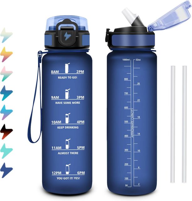 Imagen de la oferta: Botella Agua 1L, Cantimplora con Pajita, Fácil de Abrir, Reutilizable, con Cierre Seguro, Botella Agua Motivacional a Prueba de Fugas, Cantimplora para Senderismo, Gimnasio, Bicicleta, Adultos