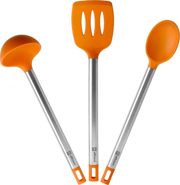 Imagen de la oferta: BRA Efficient Set 3 utensilios cocina, 36.5 cm, espátula, cuchara, cazo, Acero INOX, Nailon y Silicona