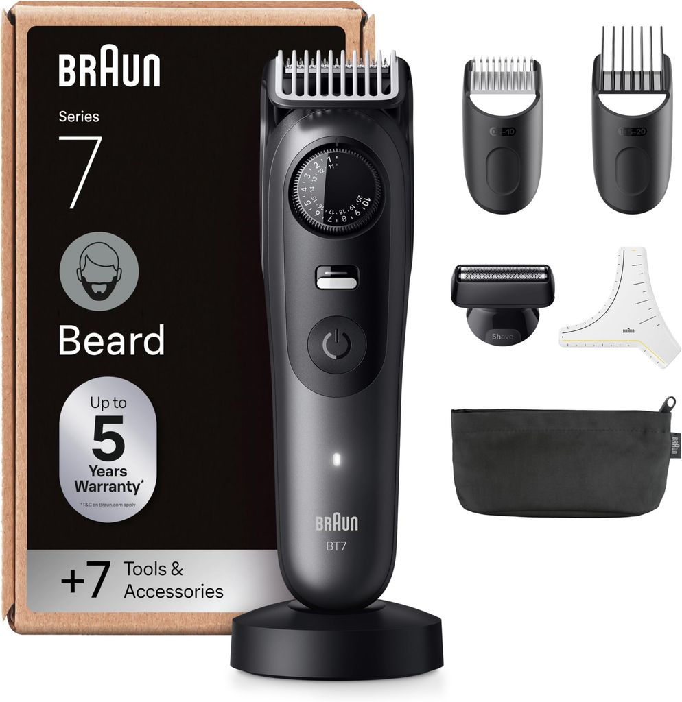 Imagen de: Braun Recortadora De Barba Series 7 BT7525, +7 Accesorios Para Barba, 40 Longitudes, Lámina ProBlade, Gris