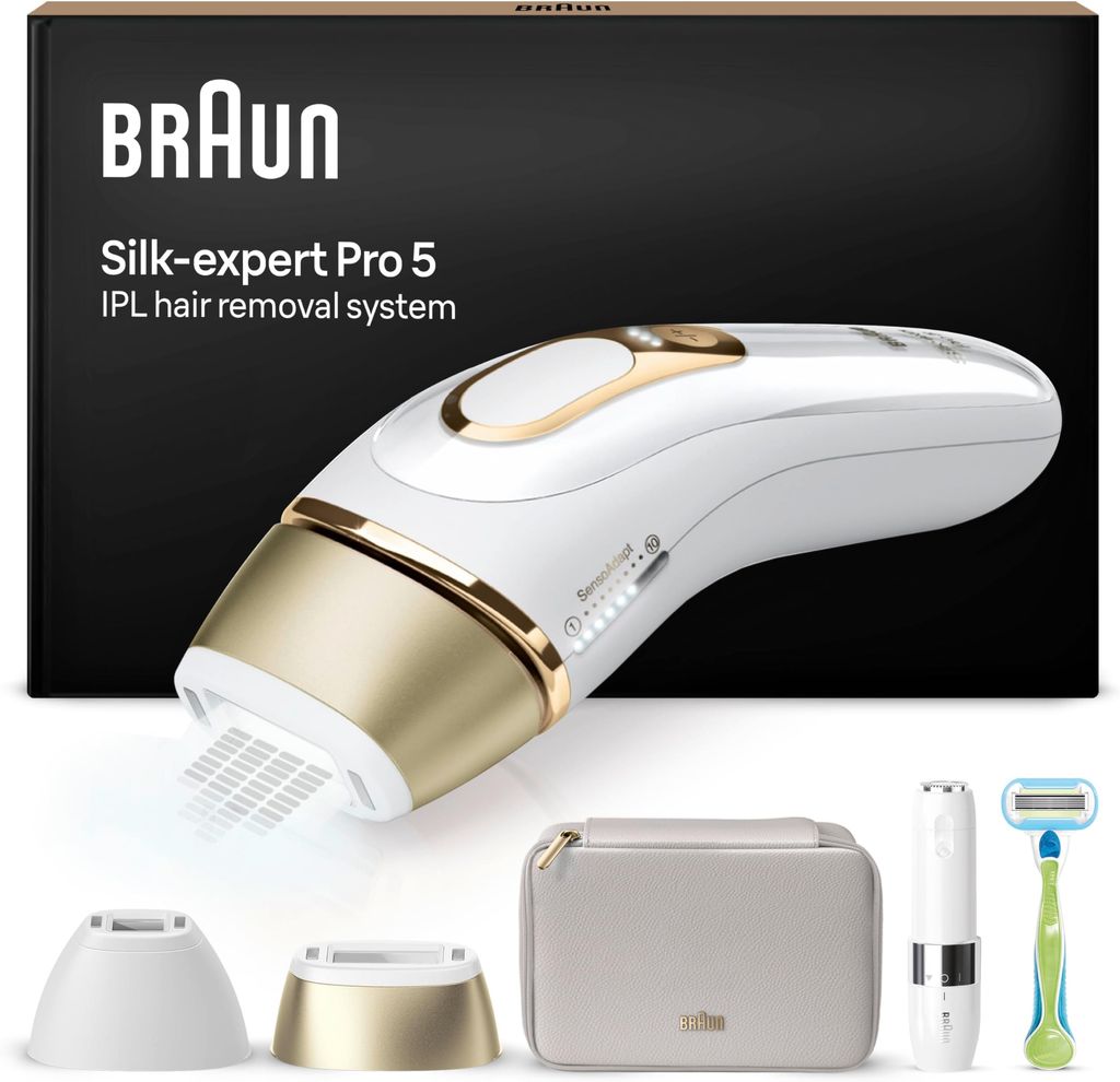 Imagen de: Braun Luz Pulsada Silk-expert Pro 5 Eliminación Del Vello En Casa, Alternativa a Depilación Láser, Depiladora IPL Con Funda, Maquinilla Venus, 2 Cabezales, Miniafeitadora Facial, Blanca/Dorada, PL5156