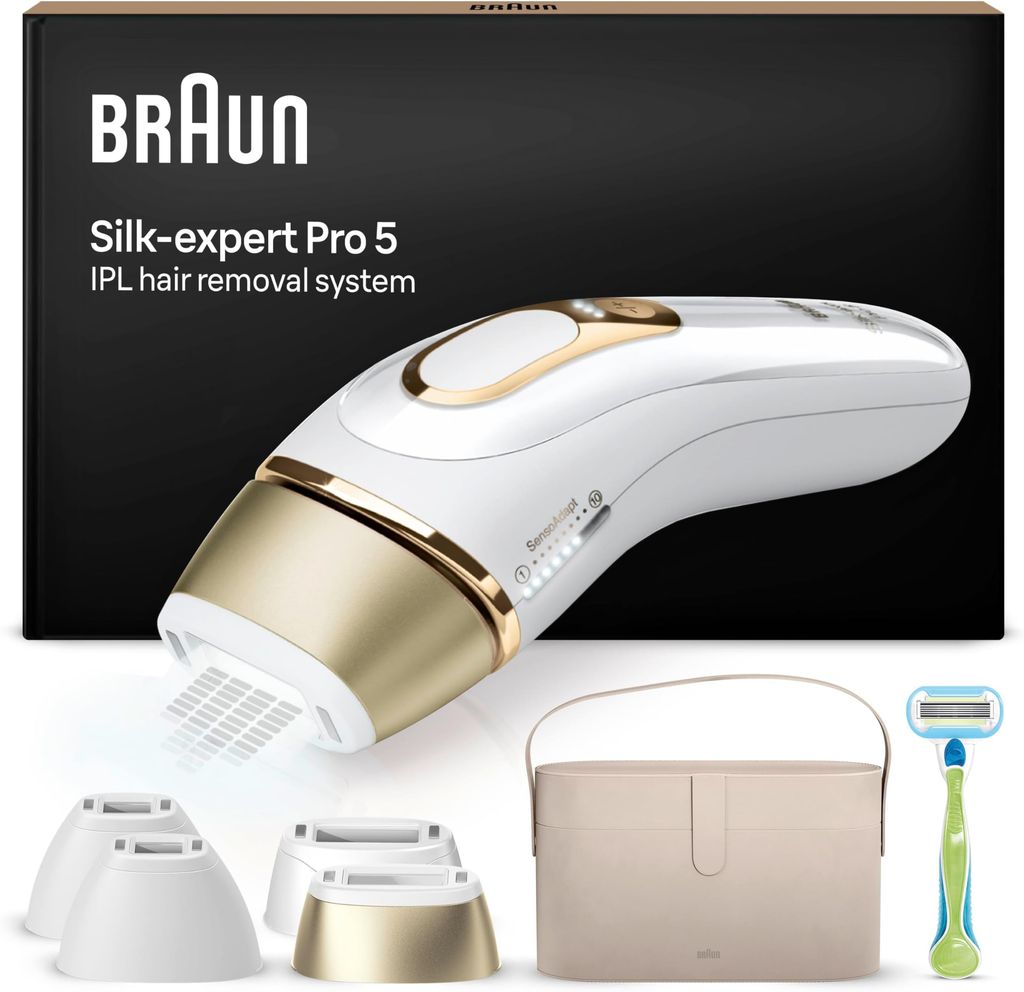 Imagen de: Braun Luz Pulsada Silk-expert Pro 5, Alternativa a Depiladora Laser, Eliminación Del Vello En Casa, Depiladora IPL Con Funda, Maquinilla Venus, 4 Cabezales Para Cara y Cuerpo, Blanca/Dorada, PL5342