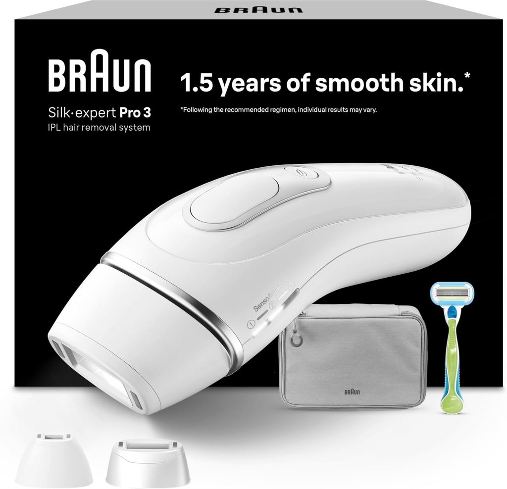 Imagen de: Braun Luz Pulsada Silk-expert Pro 3, Alternativa a Depiladora Laser, Eliminación Del Vello En Casa, Depiladora IPL Con Funda, Maquinilla Venus, 3 Cabezales Para Cara y Cuerpo, Blanca/Plateada, PL3222