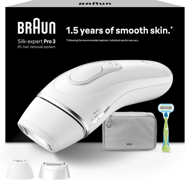 Imagen de la oferta: Braun Luz Pulsada Silk-expert Pro 3, Alternativa a Depiladora Laser, Eliminación Del Vello En Casa, Depiladora IPL Con Funda, Maquinilla Venus, 3 Cabezales Para Cara y Cuerpo, Blanca/Plateada, PL3222