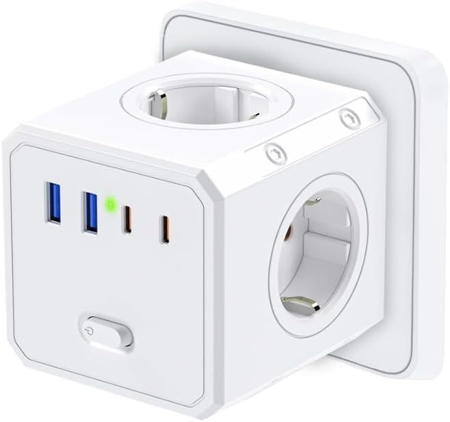 Imagen de: BURNNOVE Cubo Enchufe 8 en 1 Ladron Enchufes 4000W Cubo Enchufes Múltiples Pared con 4 Tomas de CA y 4 USB Cubo Enchufe Multiple Pared con Interruptor para Hogar Oficina Viajes