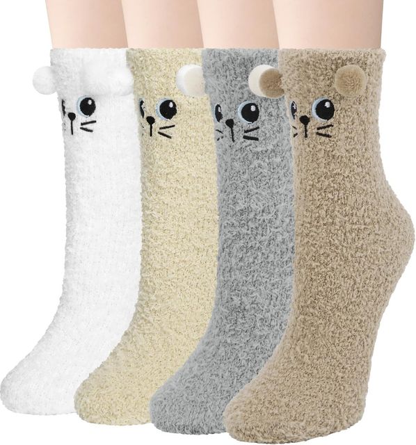 Imagen de la oferta: Calcetines Termicos Invierno Mujer 4 Pares Gruesos Acogedores Patrón Cómodos Esponjosos Suaves Calcetines Navidad Lindos Regalo de Dama