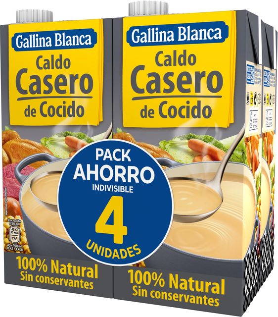 Imagen de la oferta: Gallina Blanca · Caldo Casero de Cocido 100% Natural | Elaborado con Pollo Fresco, Ternera, Cerdo, Garbanzos y Verduras de la Huerta, Cocinado a Fuego Lento. Sin Gluten, Sin Conservantes - 4L