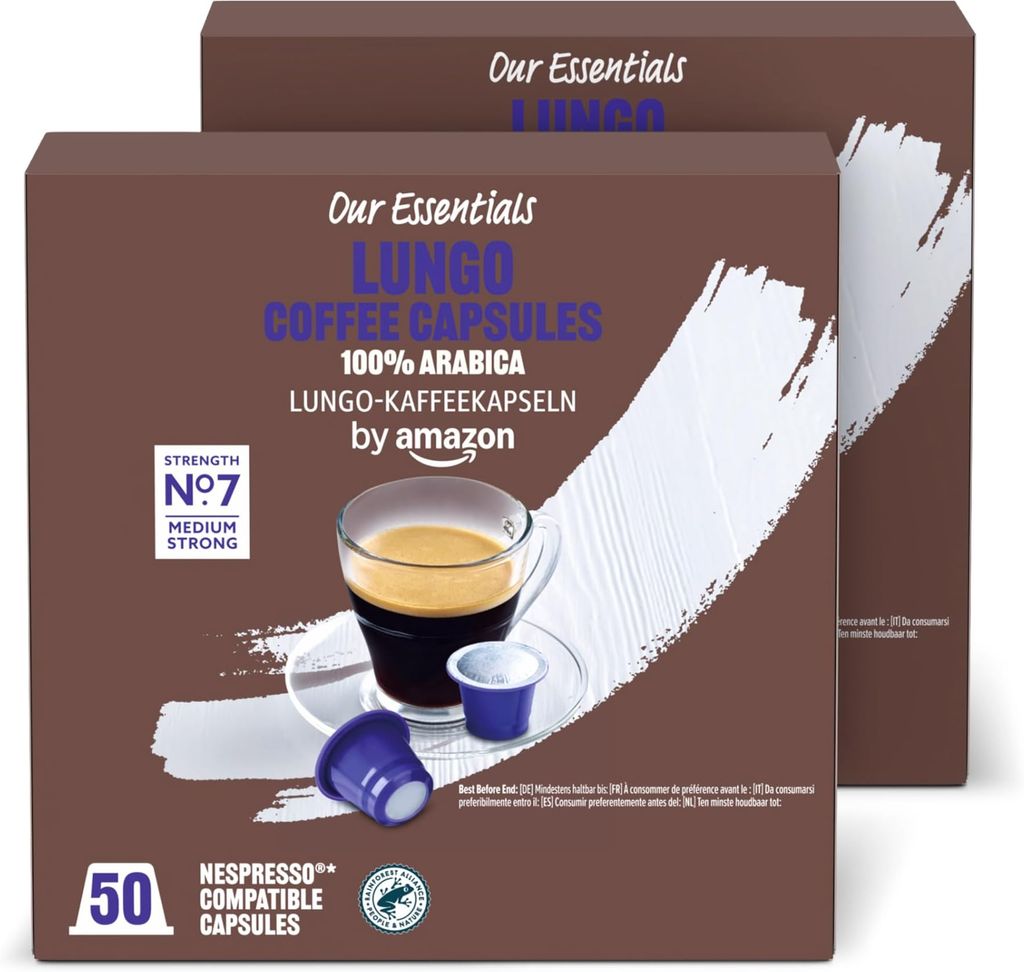 Imagen de: by Amazon Cápsulas de Café Lungo de Plástico Compatibles con Nespresso, Tostado Medio, 100 Unidades (2 Paquetes de 50), Certificadas por Rainforest Alliance
