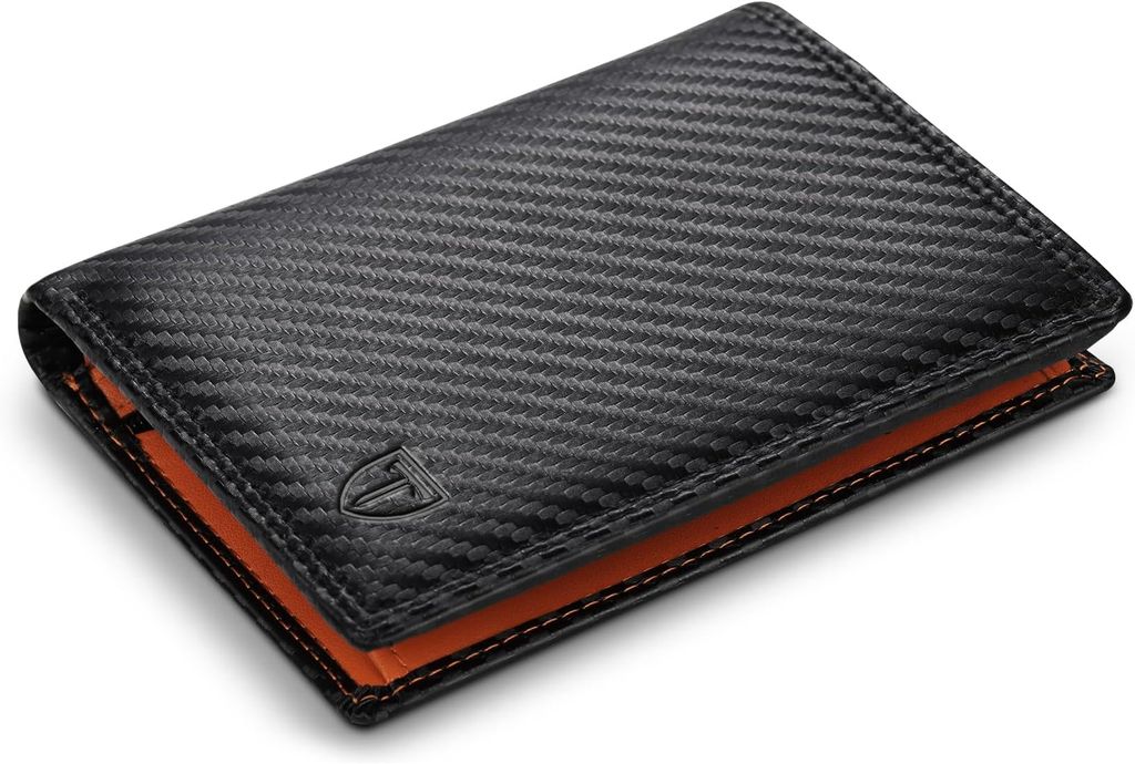Imagen de: TEEHON Cartera Hombre, Cartera Vertical Cuero de Fibra de Carbono, con RIFD Protección, 13 Ranuras para Tarjetas, con Cremallera, Regalo para Hombre de Navidad, Cumpleaños(Negro y Naranja)