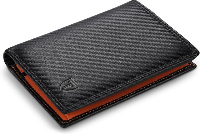 Imagen de la oferta: TEEHON Cartera Hombre, Cartera Vertical Cuero de Fibra de Carbono, con RIFD Protección, 13 Ranuras para Tarjetas, con Cremallera, Regalo para Hombre de Navidad, Cumpleaños(Negro y Naranja)
