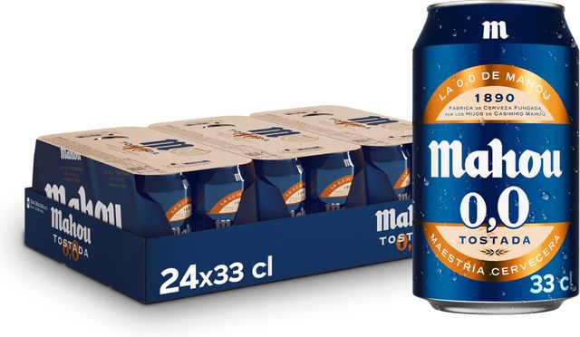 Imagen de la oferta: Mahou 0,0 Tostada, Pack de 24 Latas x 33 cl, Cerveza Lager Refrescante, Ligera y Suave, Sabor Auténtico, Cerveza 0.0% Vol Alcohol