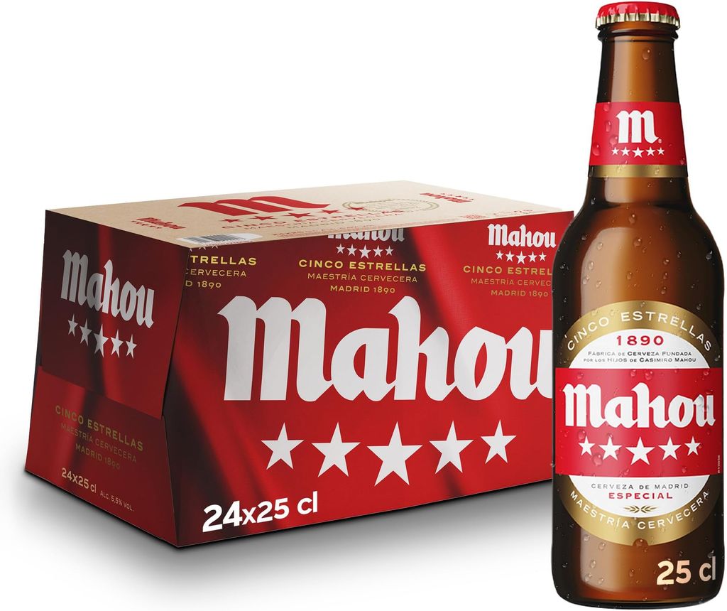 Imagen de: Mahou 5 Estrellas, Pack de 24 Botellas x 25 cl, Cerveza Especial Dorada Lager Con Sabor 5 Estrellas, 5.5% Volumen de Alcohol, El embalaje puede variar