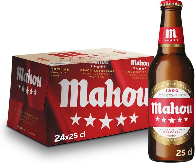 Imagen de la oferta: Mahou 5 Estrellas, Pack de 24 Botellas x 25 cl, Cerveza Especial Dorada Lager Con Sabor 5 Estrellas, 5.5% Volumen de Alcohol, El embalaje puede variar