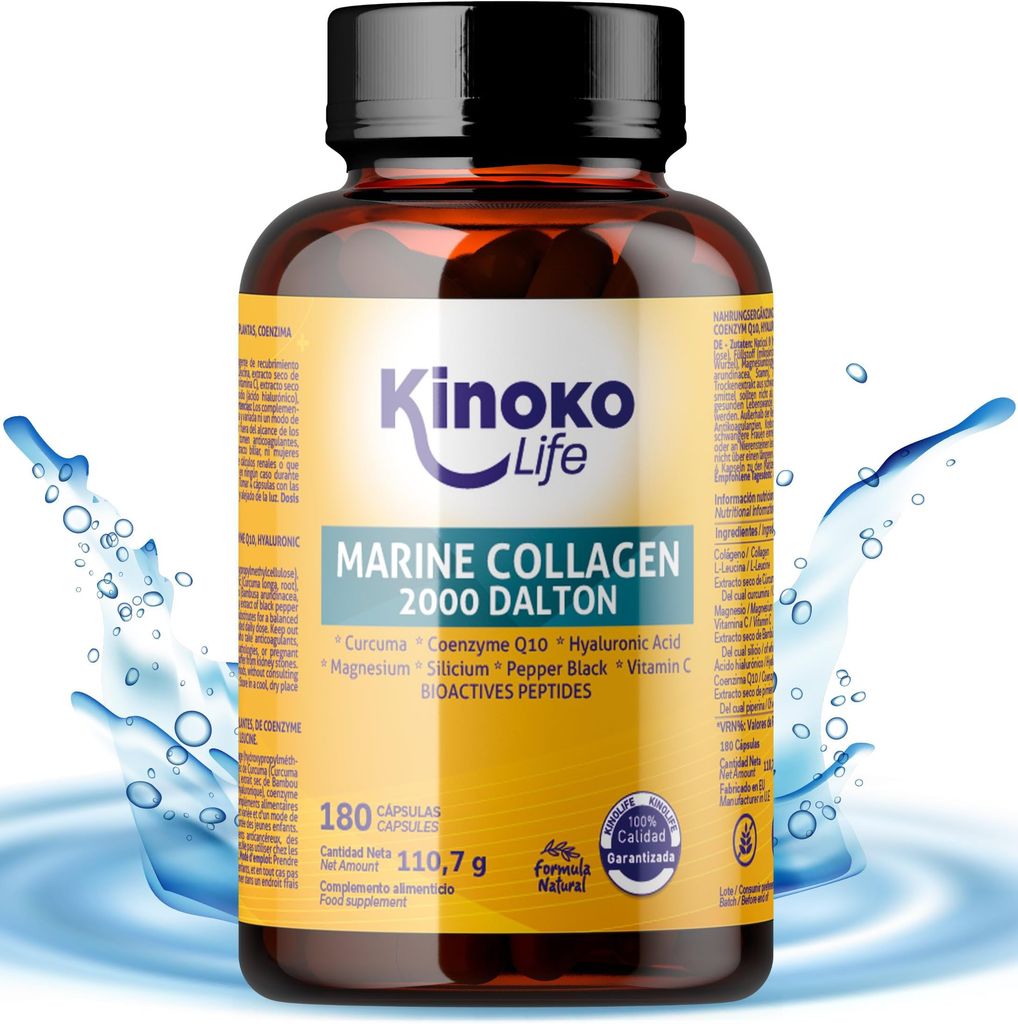 Imagen de: COLÁGENO MARINO Hidrolizado 2000 Dalton 180 Cápsulas – Colágeno con Magnesio, Ácido Hialurónico, Vitamina C, CoQ10, Cúrcuma y Pimienta Negra – Suplemento para Articulaciones, Piel, Cabello y Uñas