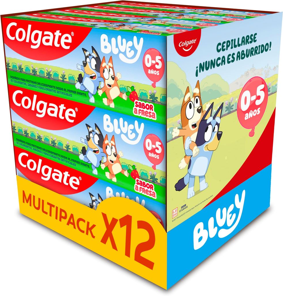 Imagen de: Colgate Kids Bluey Pasta Sabor Fresa 0-5 Años Pack 12 x 50 ml - Dentífrico Infantil Suave para Dientes de Leche - Pasta de Dientes con Flúor - 0% Colorantes, Sabores y Edulcorantes Artificiales