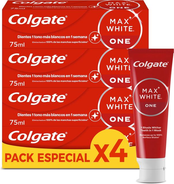 Imagen de la oferta: Colgate Max White One Pasta de Dientes Blanqueadora, Pack 4 Uds x 75ml, Dentífrico Blanqueador, Dientes 1 Tono Más Blancos en 1 Semana, Elimina Manchas Superficiales