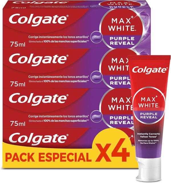 Imagen de la oferta: Colgate Max White Purple Reveal Pasta de Dientes Blanqueadora, 4 Uds x 75ml, Dentífrico Blanqueador de Dientes con Tecnología de Corrección Óptica del Color, Corrige al instante* los Tonos Amarillos