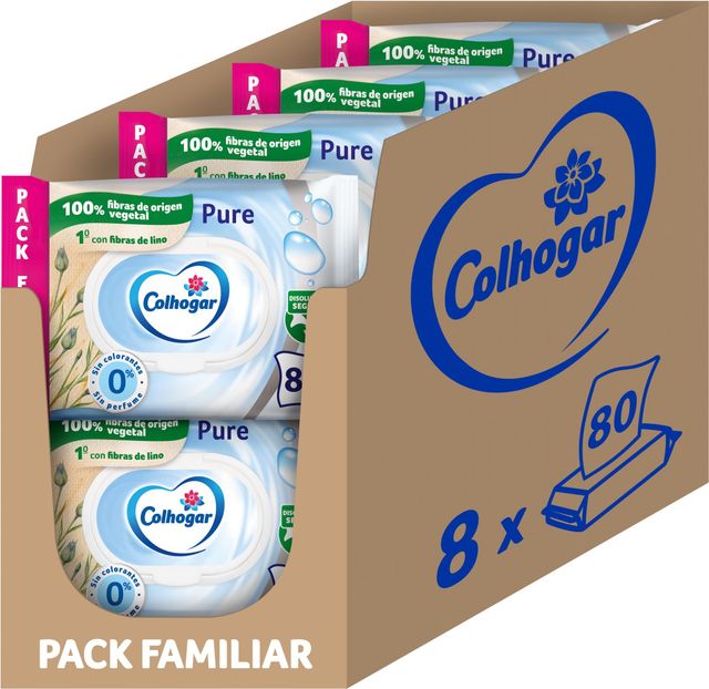 Imagen de la oferta: Colhogar Pure Moist x640 - Papel Higiénico Húmedo Desechable - Sin Alcohol - Pieles Sensibles - Dermatológicamente Testado - Paquete con 640 Toallitas Húmedas y Desechables por WC (8x80)
