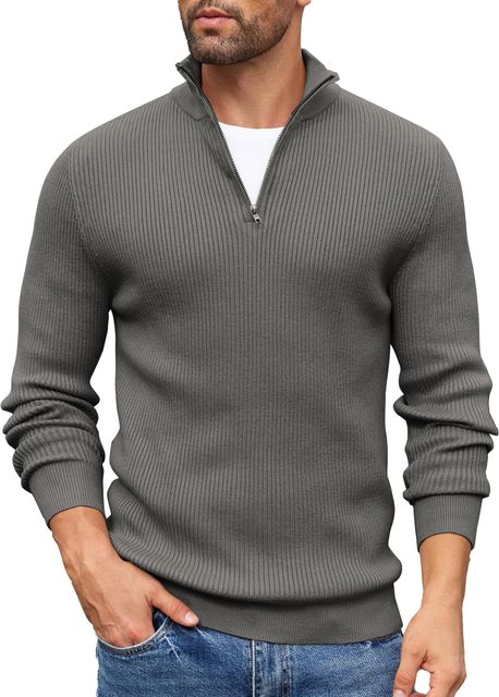 Imagen de la oferta: COOFANDY Jersey Hombre Invierno Suéter Cuello Alto Regular Fit Jersey de Canalé con Cremallera de un Cuarto Suéteres de Punto