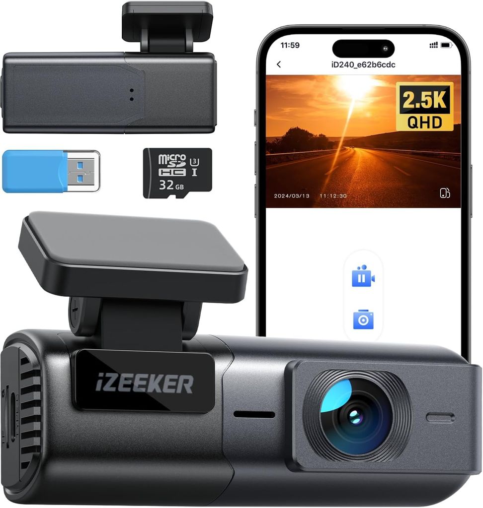 Imagen de: iZEEKER 2.5K Dashcam WiFi Dash Camera para Coches, Mini Cámara para Coche 1440P Front Dashcam con App, Tarjeta 32GB Gratis, Visión Nocturna, WDR, G-Sensor, Grabación en Bucle, Soporta Modo Parking 24H