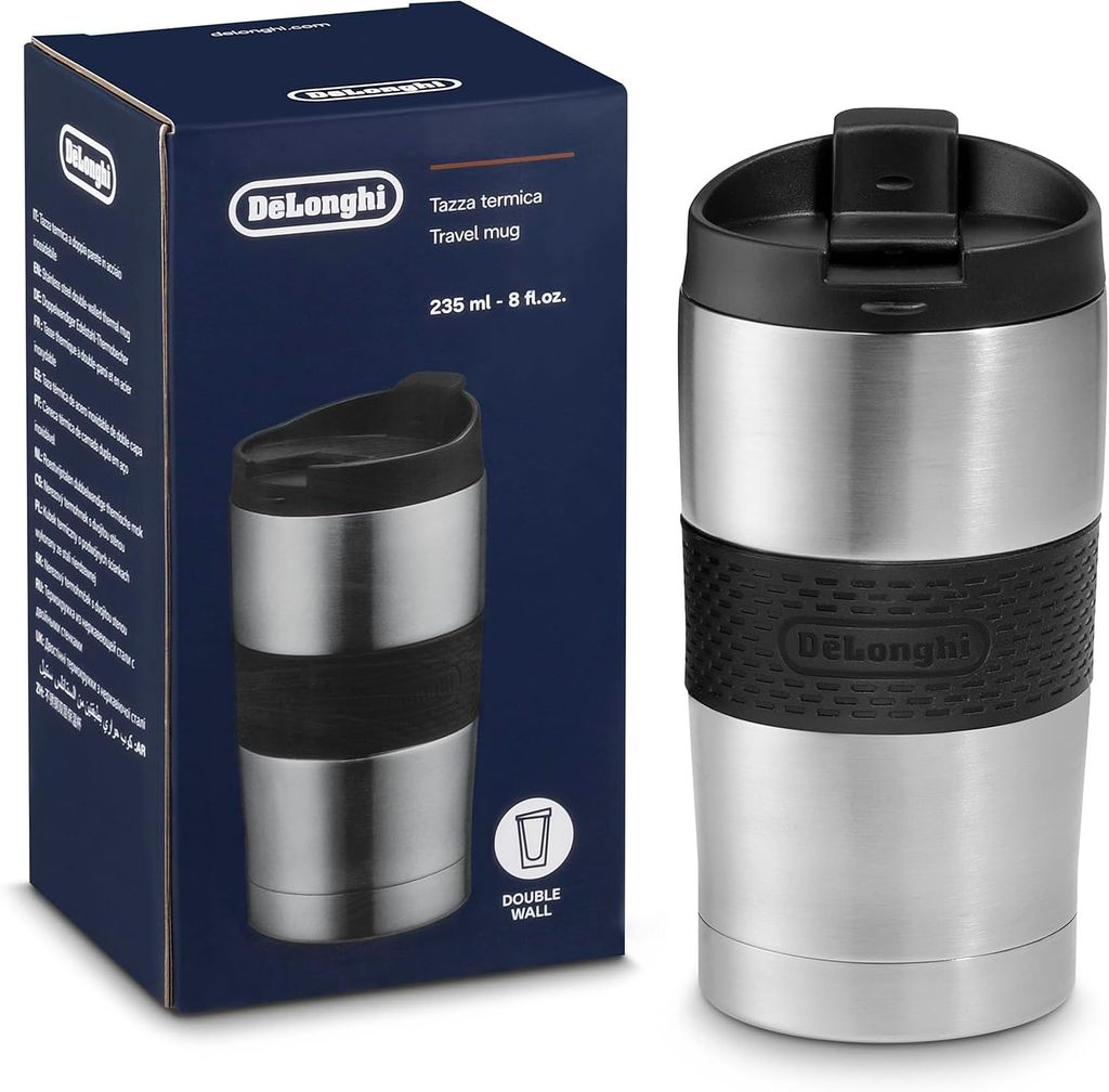 Imagen de: De'Longhi Termo de Acero Inoxidable DLSC074, Termo de Doble Pared para Bebidas Calientes y Frías, Fácil de Llevar, Anillo Deslizante de Silicona, 235 ml de Capacidad