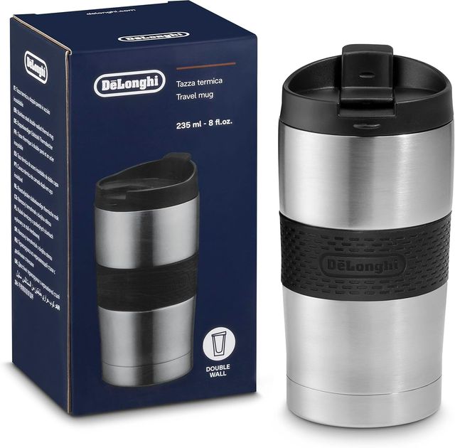 Imagen de la oferta: De'Longhi Termo de Acero Inoxidable DLSC074, Termo de Doble Pared para Bebidas Calientes y Frías, Fácil de Llevar, Anillo Deslizante de Silicona, 235 ml de Capacidad