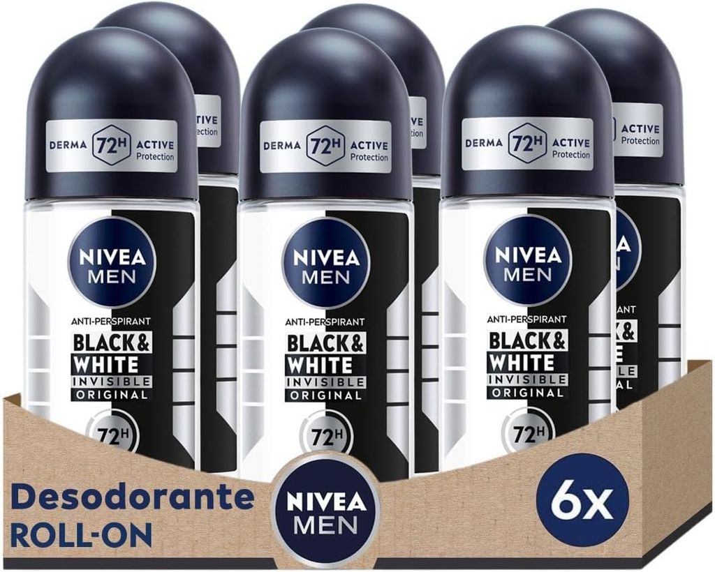 Imagen de: NIVEA MEN Black & White Invisible Original - Desodorante de Hombre Invisible Roll-on - 72h Protección Antitranspirante - Sin Alcohol - Anti Sudor, Olor, Manchas, Irritación y Residuos - Pack 6 x 50 ml