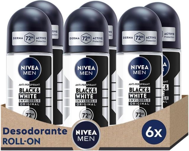 Imagen de la oferta: NIVEA MEN Black & White Invisible Original - Desodorante de Hombre Invisible Roll-on - 72h Protección Antitranspirante - Sin Alcohol - Anti Sudor, Olor, Manchas, Irritación y Residuos - Pack 6 x 50 ml