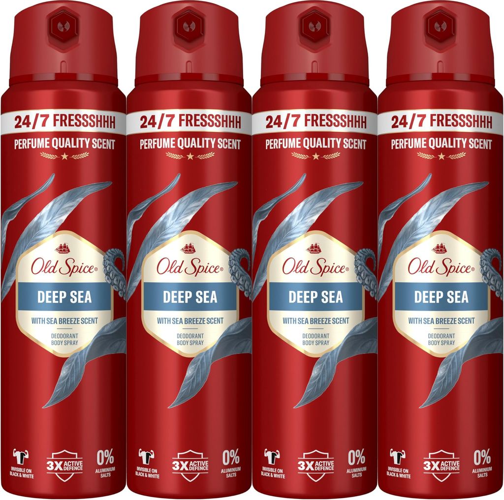 Imagen de: Old Spice Deep Sea Desodorante Corporal En Spray Para Hombre, 48 Horas Fresco, 0% Sales De Aluminio, 4x150 ml