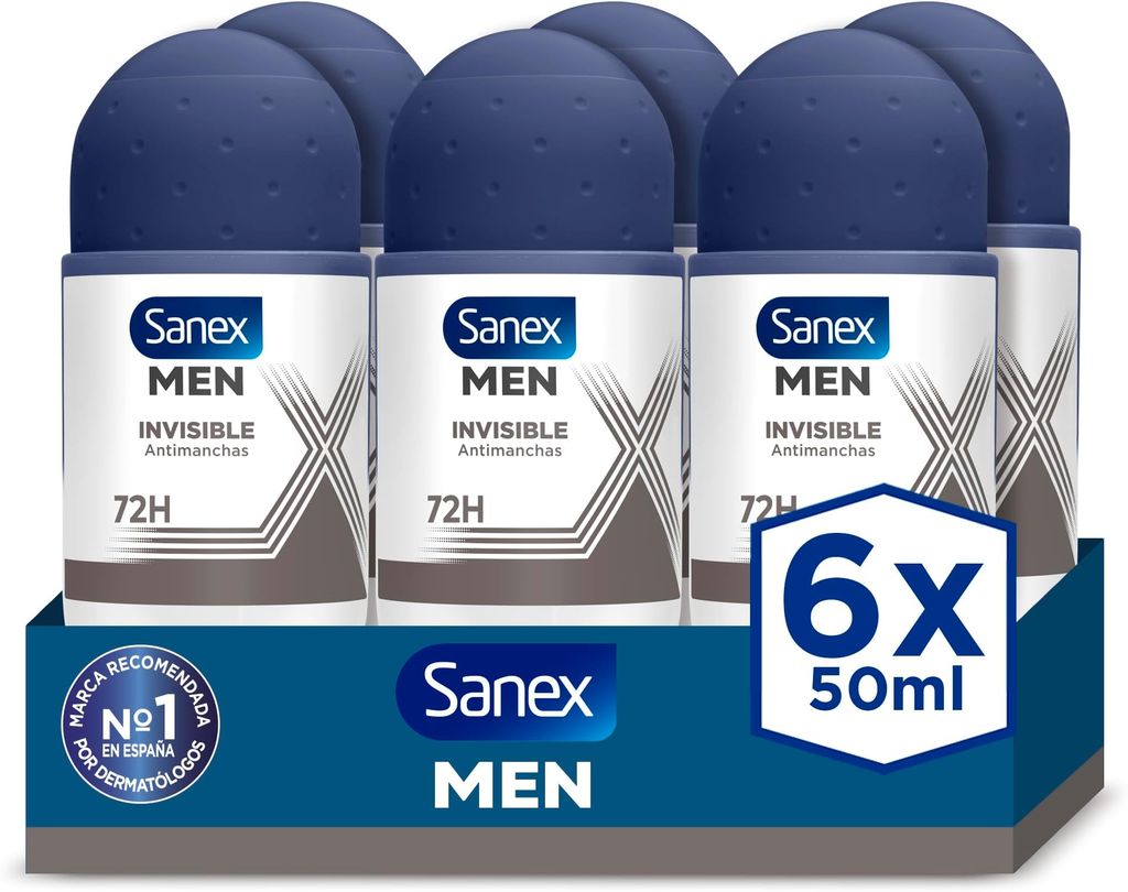 Imagen de: Desodorante Roll-On Antitranspirante Sanex Men Invisible 50ml, protección anti-manchas, fórmula anti-irritación, 72 horas de protección contra el sudor y el olor, neutraliza el mal olor, 0% alcohol*