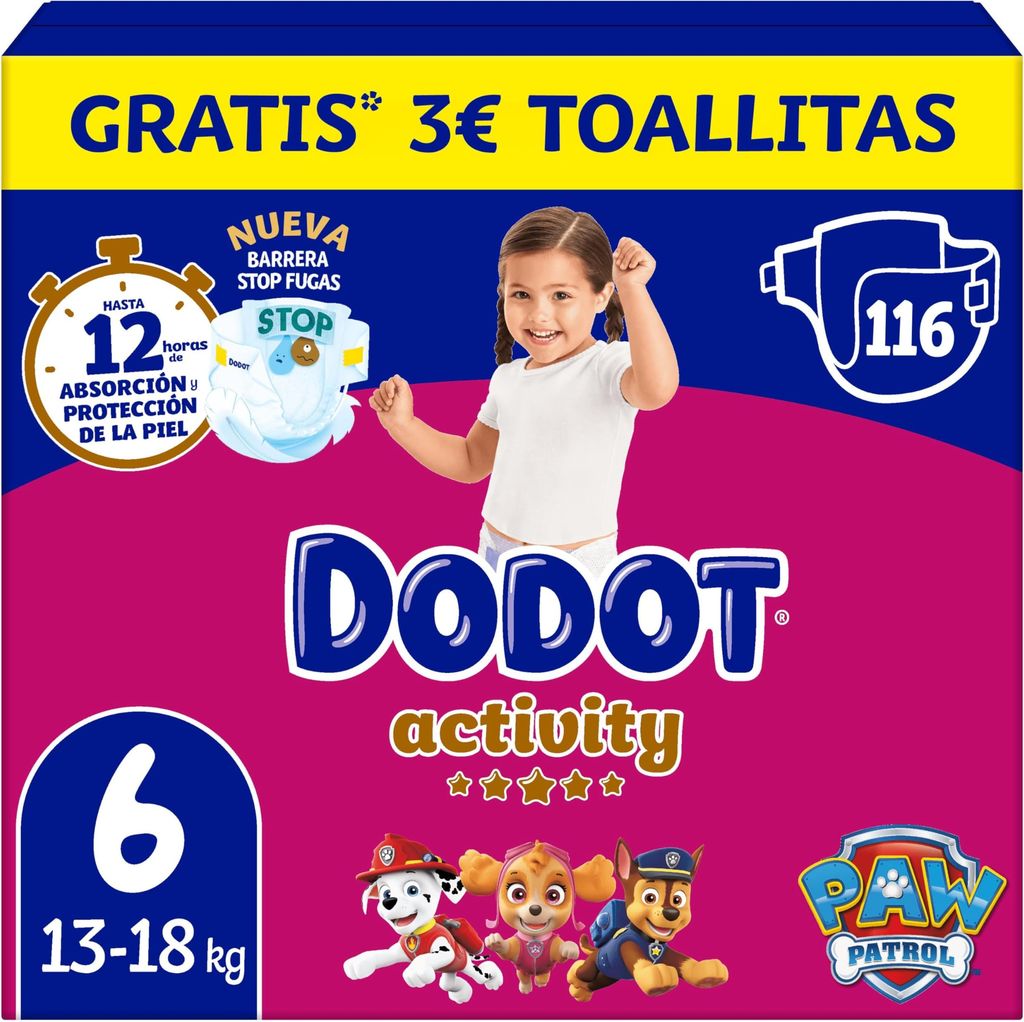 Imagen de: Dodot Pañales Bebé Activity, Talla 6 (13-18 kg), 116 Pañales, Hasta 12h de Protección Antifugas y Ajuste, Pack Mensual