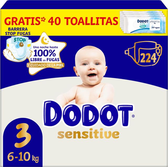 Imagen de la oferta: Dodot Pañales Bebé Sensitive, Talla 3 (6-10 kg), 224 Pañales + 1 Pack de 40 Toallitas Regalo de Aqua Plastic Free, Nº1 en Protección de la Piel deDodot, Pack Mensual