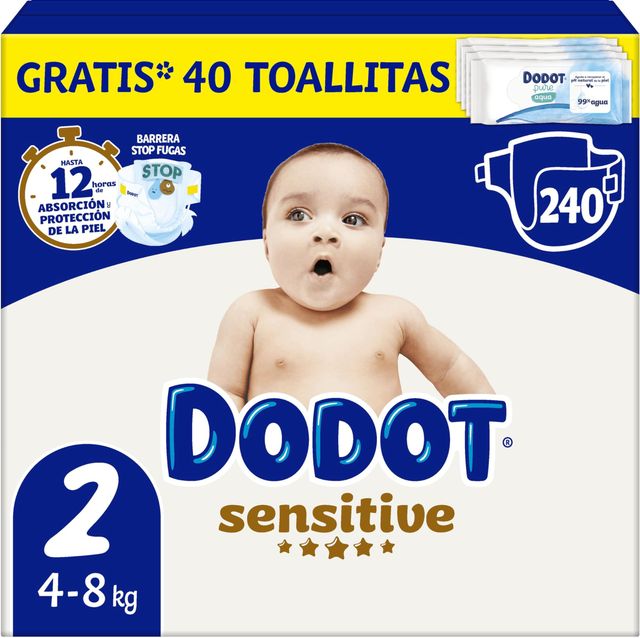 Imagen de la oferta: Dodot Pañales Bebé Sensitive, Talla 2 (4-8 kg), 240 Pañales + Regalo de 40 Toallitas Aqua Pure 99% Agua, Hasta 12 h De Protección Antifugas y Cuidado de la Piel, Pack Mensual