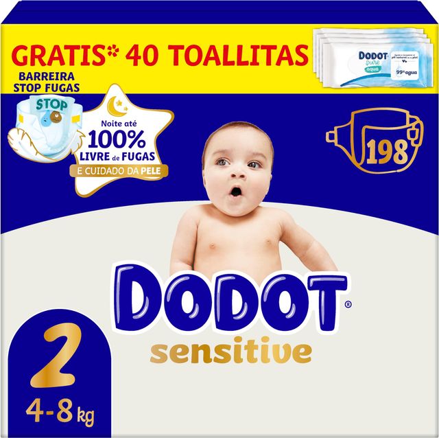 Imagen de la oferta: Dodot Pañales Bebé Sensitive, Talla 2 (4-8 kg), 198 Pañales + Regalo de 40 Toallitas Aqua Pure 99% Agua, Hasta 12 h De Protección Antifugas y Cuidado de la Piel, Pack Mensual
