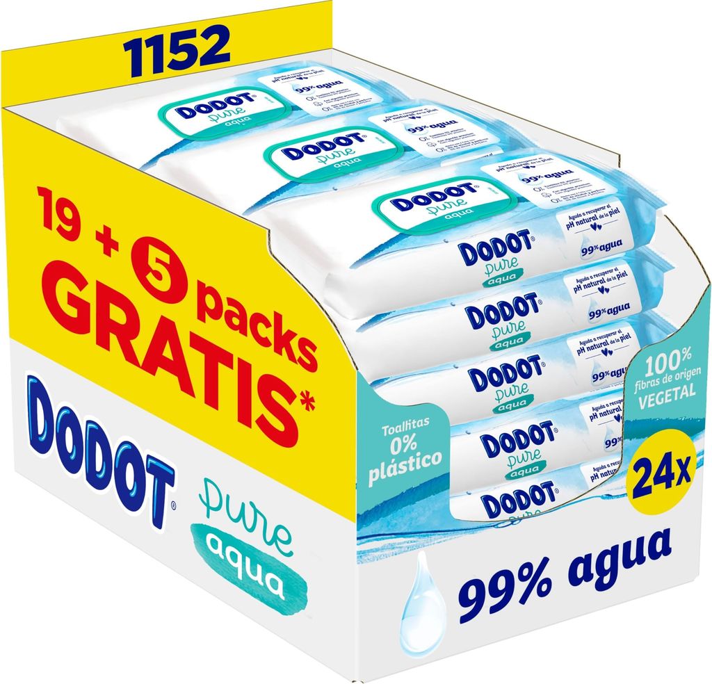 Imagen de: Dodot Toallitas Pure Aqua Para Bebé,1152 Toallitas (24 Packs de 48 Unidades),Ayuda A Restaurar El PH Natural De La Piel, 99% Agua, Sin plástico