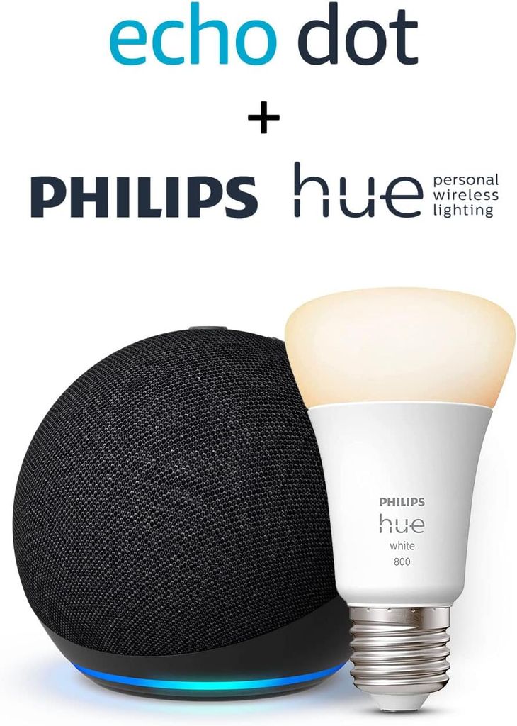 Imagen de: Echo Dot (5.ª generación) | Antracita + Philips Hue White Bombilla Inteligente (E27), compatible con Alexa - Kit de inicio de Hogar digital
