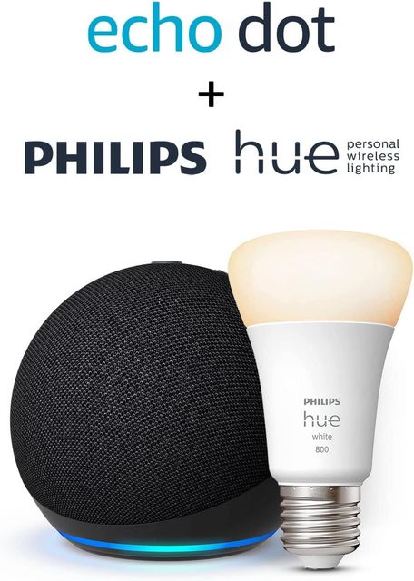 Imagen de la oferta: Echo Dot (5.ª generación) | Antracita + Philips Hue White Bombilla Inteligente (E27), compatible con Alexa - Kit de inicio de Hogar digital