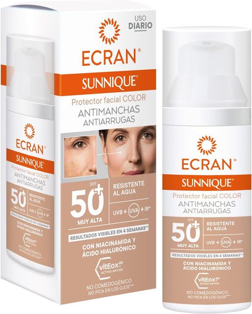 Imagen de la oferta: ECRAN SUNNIQUE – Protector Facial SPF 50+ Antimanchas Antiarrugas con Color, con Niacinamida y Ácido Hialuronico, Despigmenta y Unifica el Tono, Fórmula con VitEox80 - 50 ml
